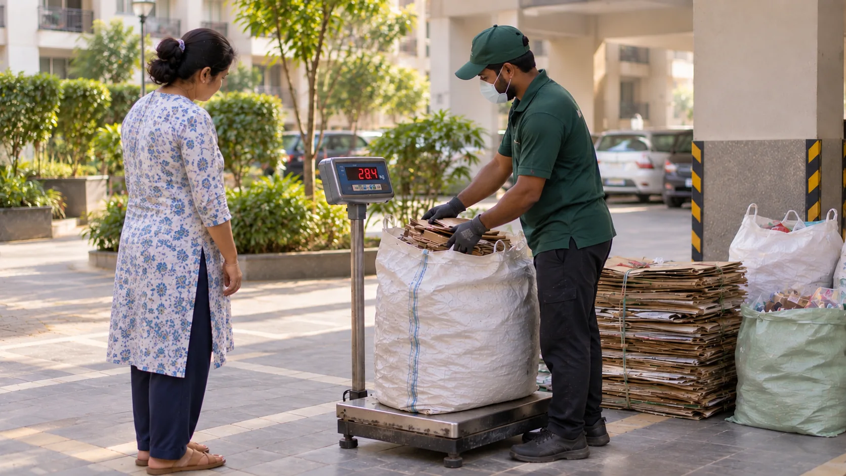 Resident and worker viewing a digital scale during a Green Society collection