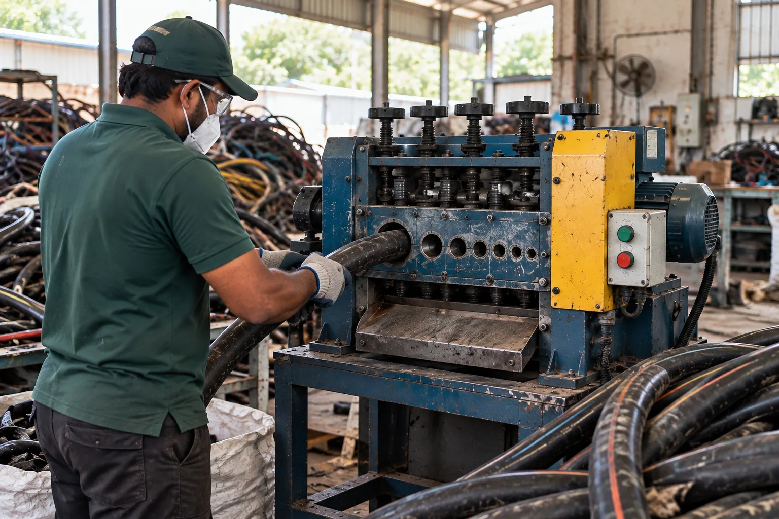 Workers operating cable stripping equipment during material recovery