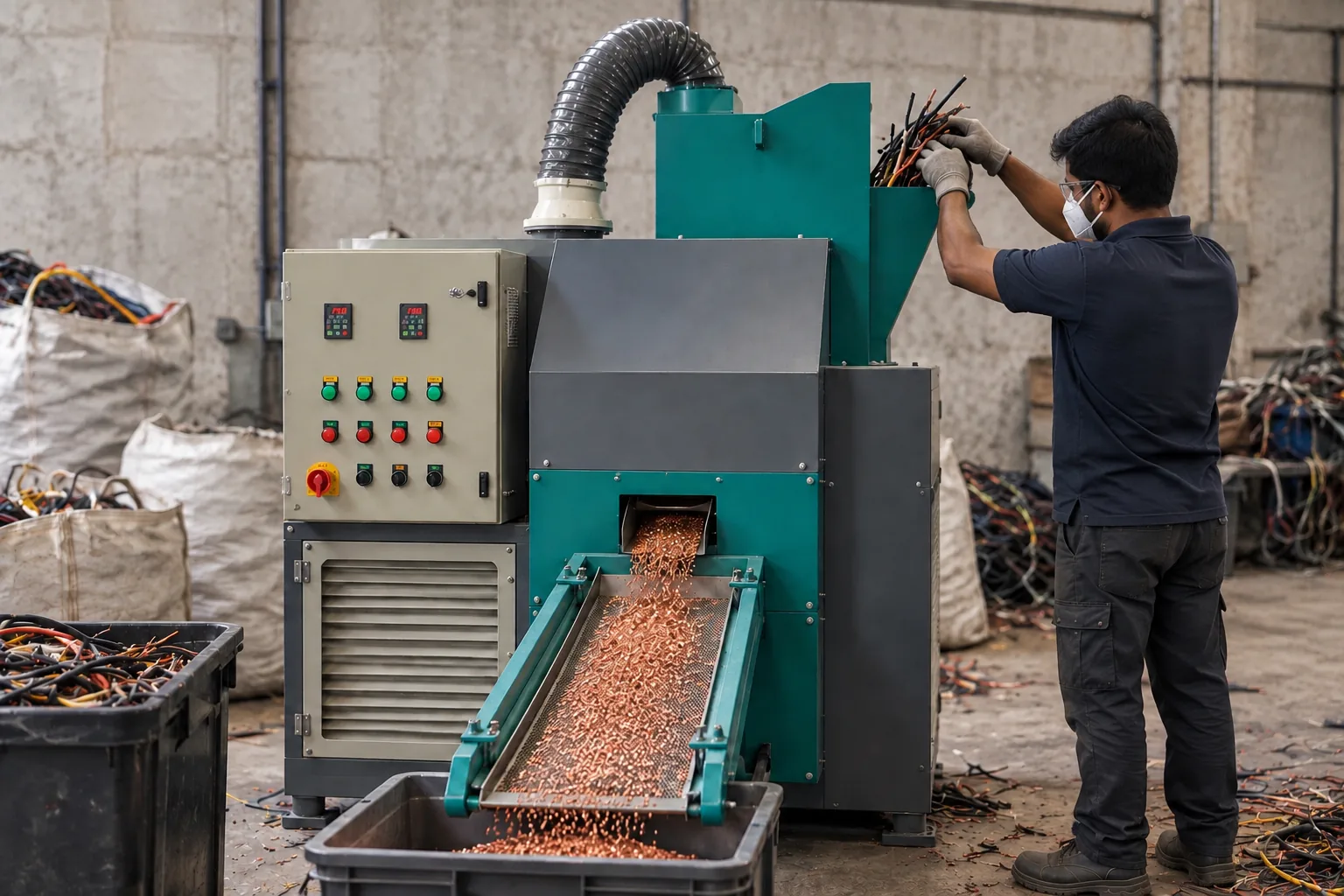 Worker feeding insulated cable into a compact granulator as recovered copper exits the front chute