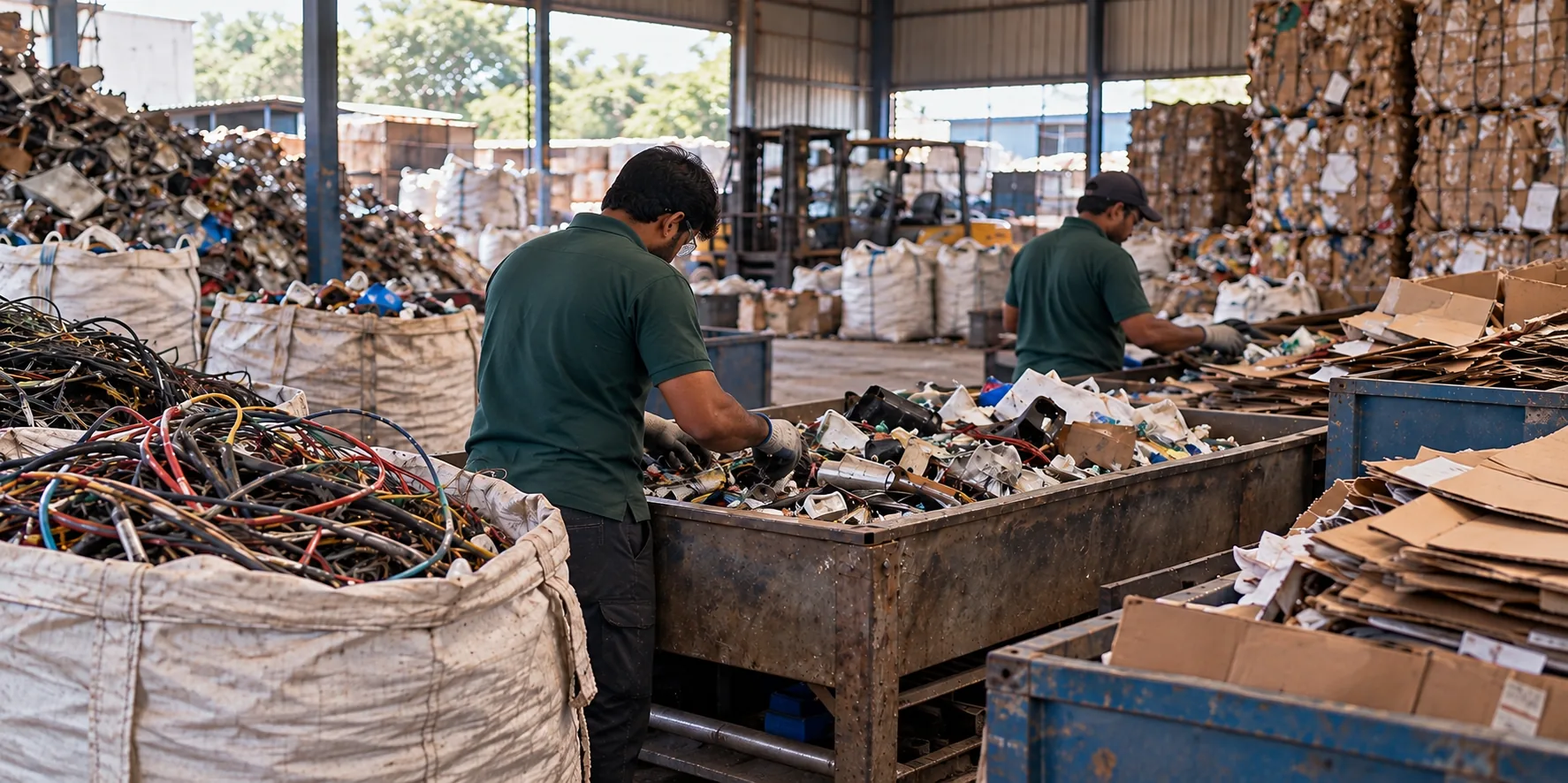Workers sorting mixed recyclable materials, cables and metals in a recovery warehouse