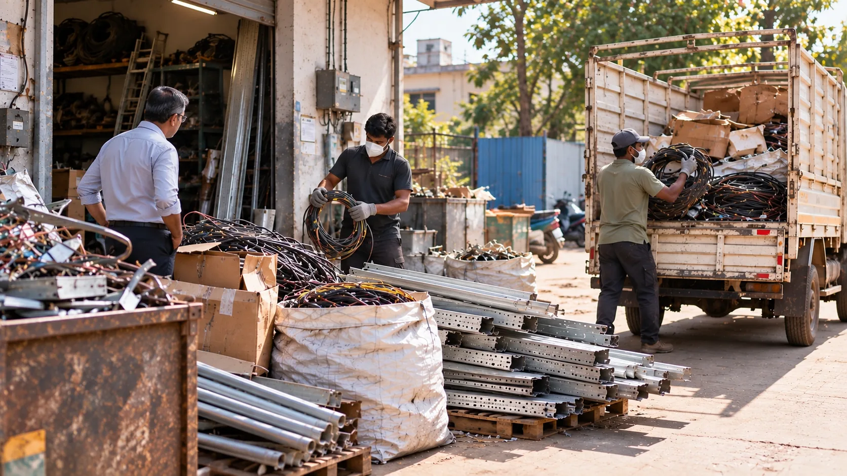 Workers organizing and loading collected recyclable scrap