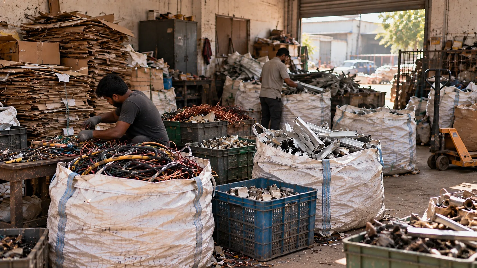 Workers sorting and aggregating different recyclable materials