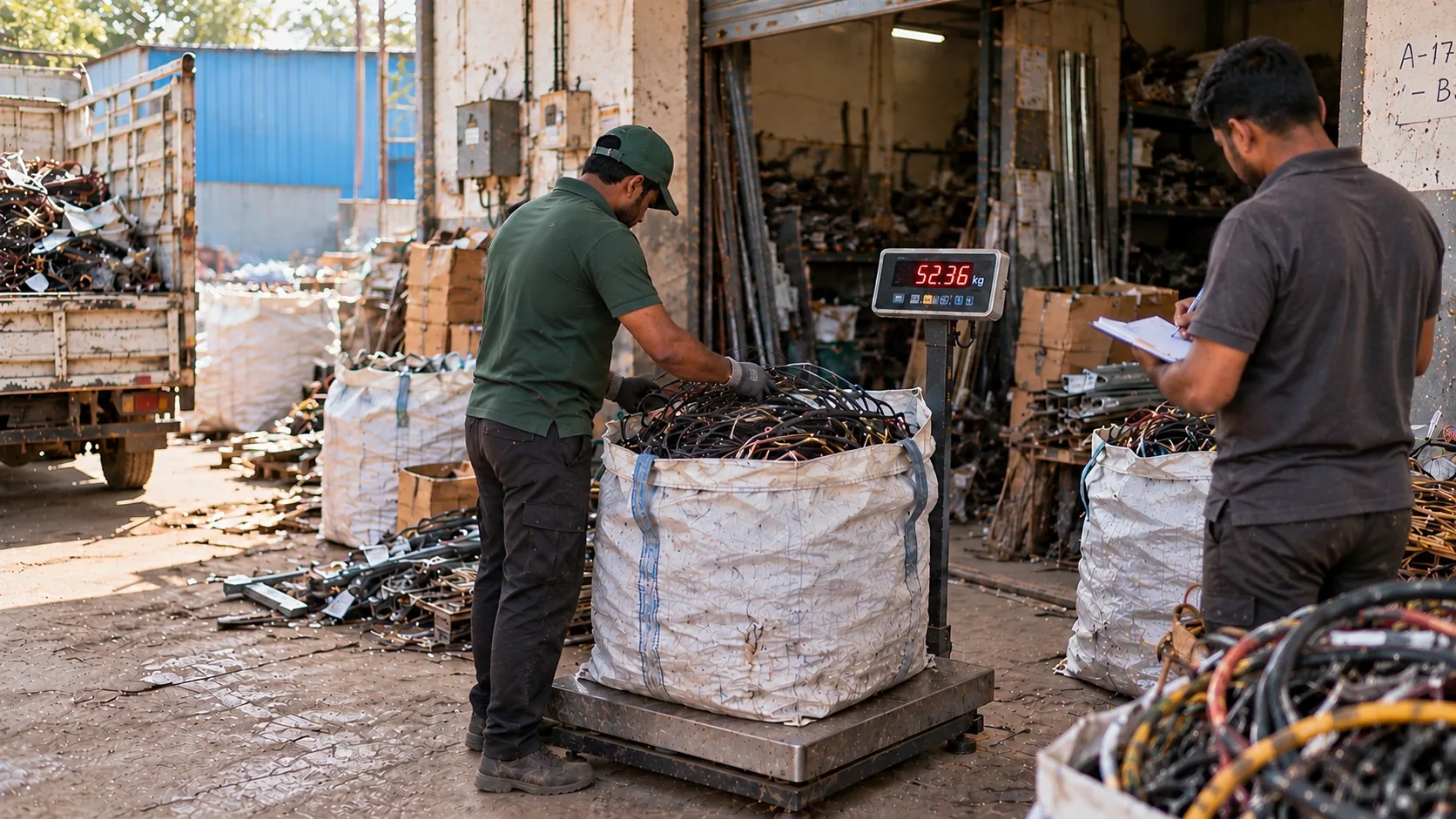 Worker weighing collected cable while the result is recorded